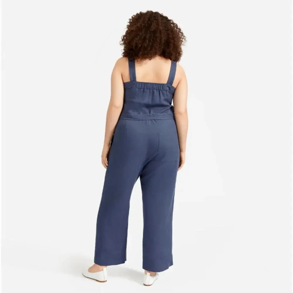 Everlane Womens The Linen Square-Neck Jumpsuit Sz 10 Belted Blue Indigo NWT